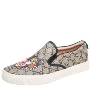 Gucci GG Supreme Angry Cat Slip On Sneakers Canvas Leather Black Beige Size 8.5